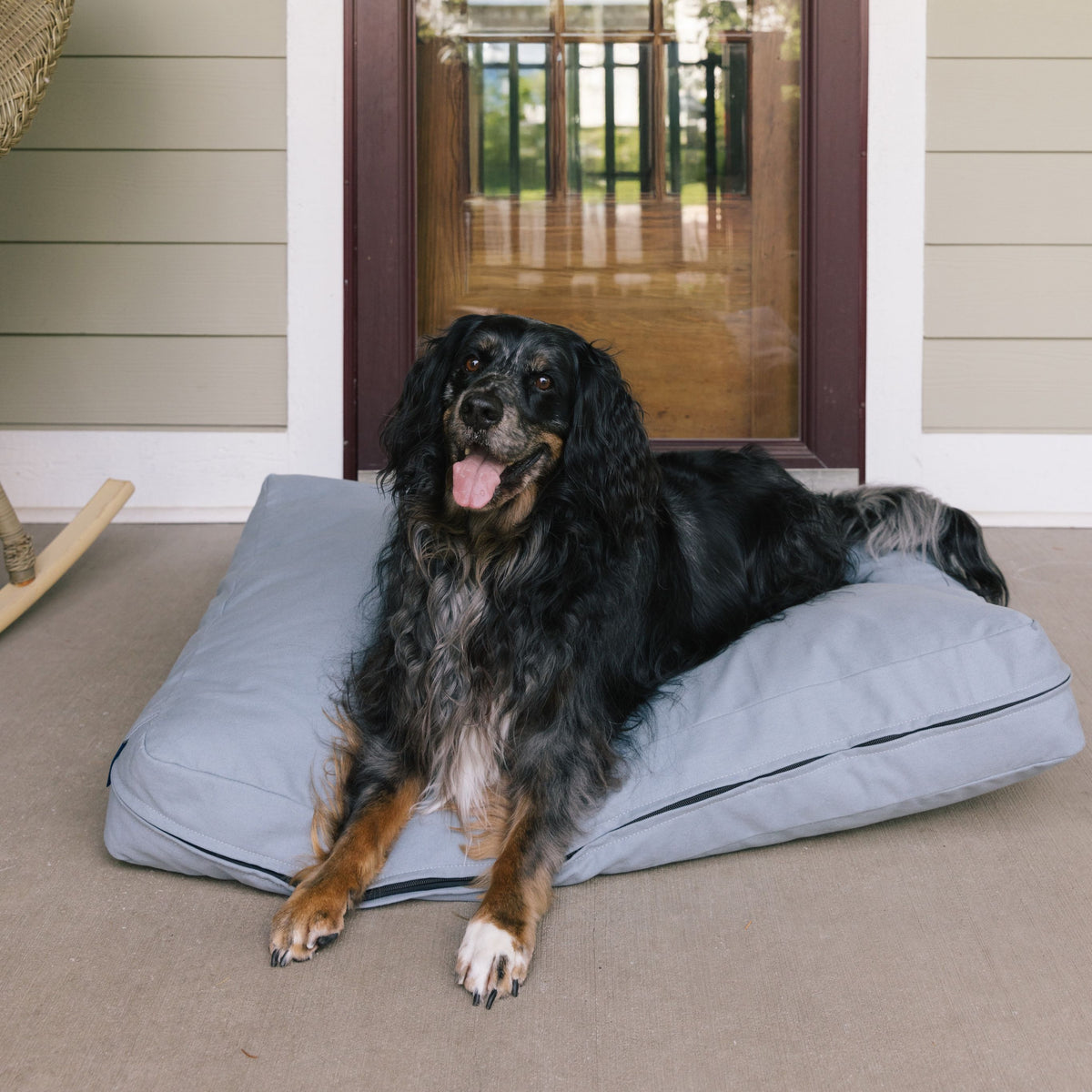 Smiling dog relaxing on the Lake Classic Bed on a sunny patio.