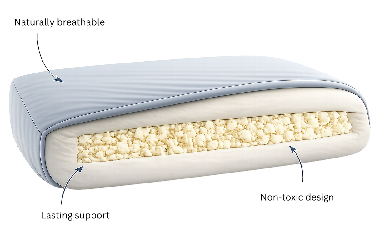 Cutaway view showing the natural and non-toxic materials inside The Woolly Hound Classic Bed, including wool batting, shredded latex, and organic cotton canvas.