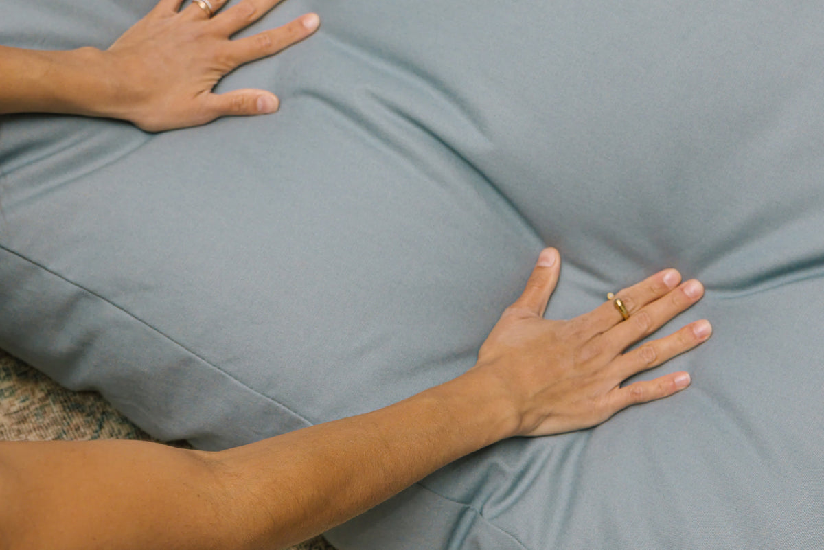 Hands brushing across the organic cotton canvas cover of The Woolly Hound Classic Bed.
